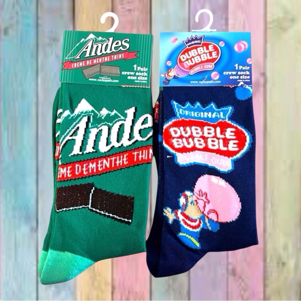 Andes Thins Dubble Bubble Logo Unisex 2 Pair Crew Socks NWT